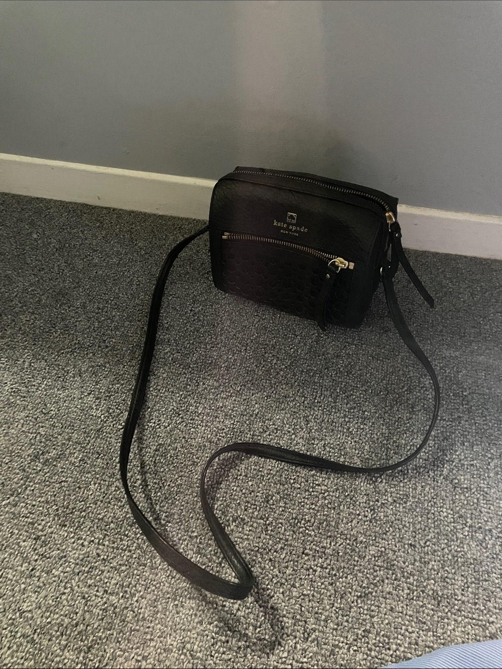 kate spade Black Pebbled Leather Crossbody Camera Bag with Front Zip Pocket